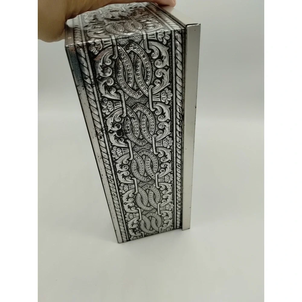 Vintage Biscuit Tin Box Embossed Colonial Equestrian Forest Theme Silver Toned